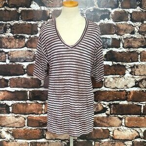 Elizabeth and James T-Shirt Pink Green V Neck Stripes Medium